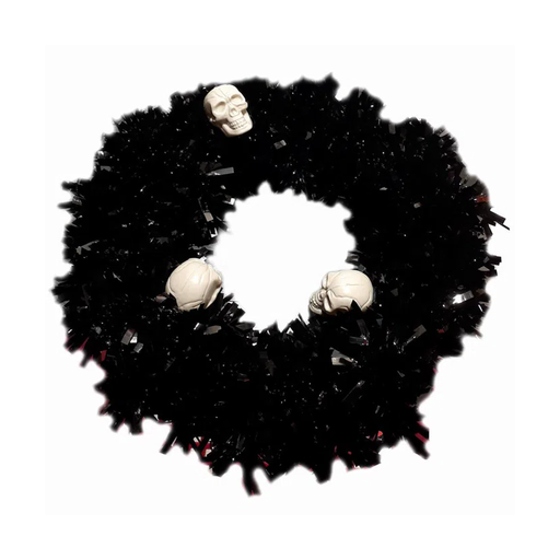 Corona de escarcha negra para Halloween con tres calaveras de color claro