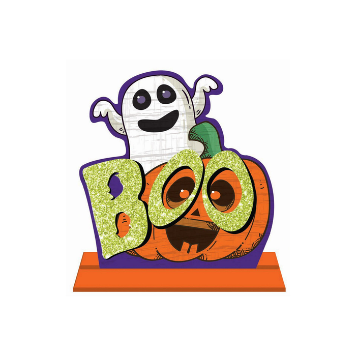 Letrero de pie de Halloween con calabaza, fantasma y la palabra BOO con brillos