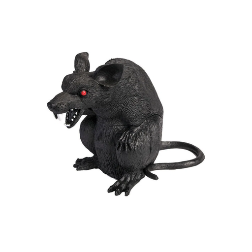 Rata decorativa negra de Halloween con ojos rojos, dientes afilados y cola larga