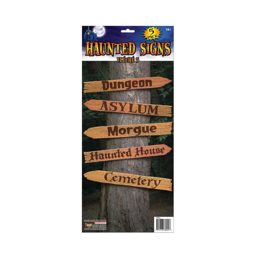 Set de 5 letreros tipo flecha con aspecto de madera para Halloween en su empaque
