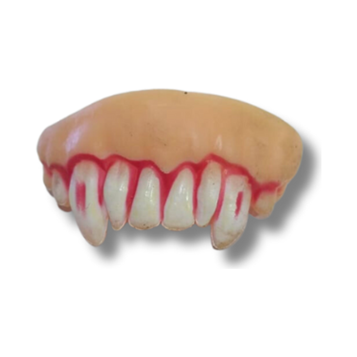 Dientes postizos de Halloween con colmillos de vampiro y encías rosadas