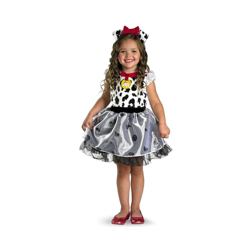 Disfraz de 101 Dálmatas para bebé niña, vestido blanco con manchas negras, falda plateada y cintillo con orejas y rosa roja