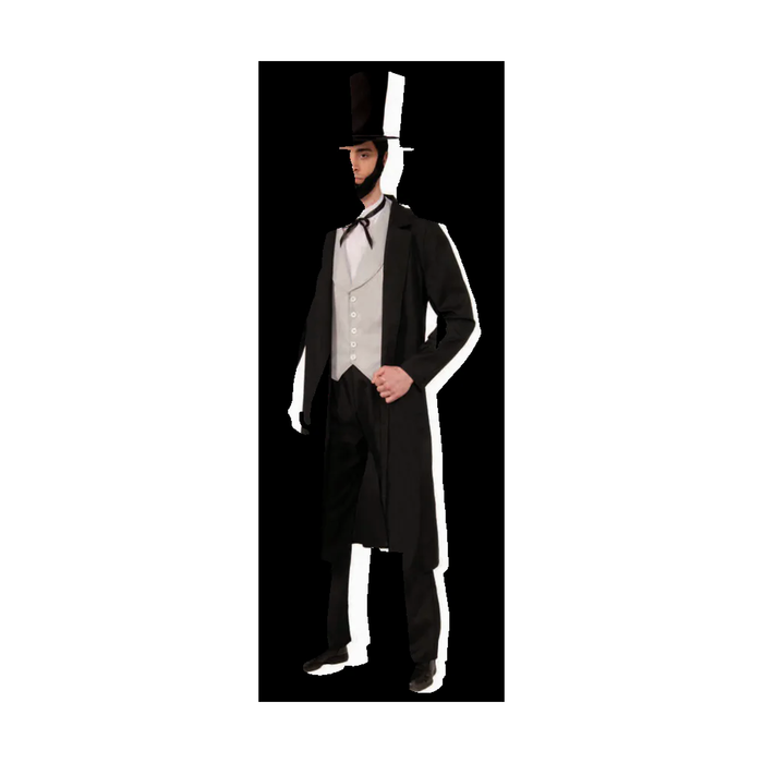 Hombre con disfraz de Abraham Lincoln, sombrero de copa, levita negra y chaleco gris