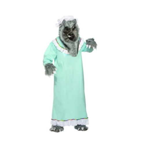 Disfraz de abuelita lobo con máscara de lobo, gorro, bata larga verde agua y guantes de garra