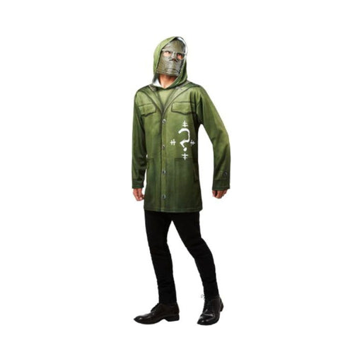 Disfraz del Acertijo para hombre, top verde con capucha, signo de interrogación y máscara