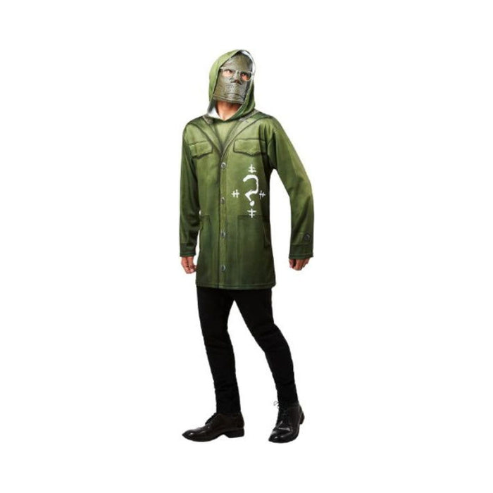 Disfraz del Acertijo para hombre, top verde con capucha, signo de interrogación y máscara