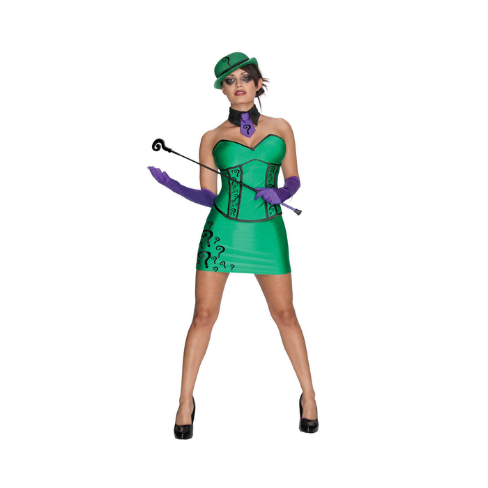 Disfraz de Acertijo para mujer con vestido verde de signos de interrogación, sombrero verde, corbata y guantes morados