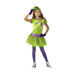 Niña con disfraz de Acertijo, vestido verde con signo de interrogación morado, falda de tul, guantes morados y mini sombrero