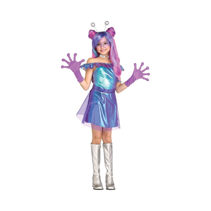 Disfraz de alien para niña Fun World, vestido tornasol azul y morado con cintillo de antenas y guantes morados