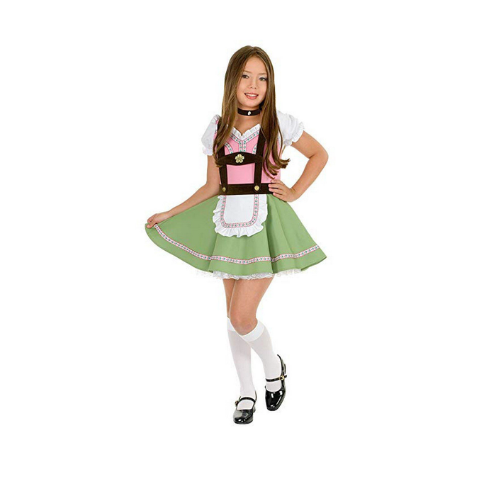 Niña con disfraz alpino, vestido verde con blusa blanca, corpiño rosado y delantal