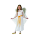 Niña con disfraz de ángel, vestido blanco con mangas de encaje, faja dorada y alas