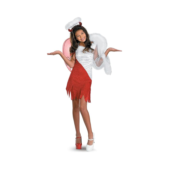 Disfraz mitad ángel mitad diablo para niña, vestido blanco y rojo, alas blancas y cintillo con aureola y cuernos