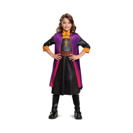 Disfraz de Anna de Frozen para niña, vestido negro con capa morada y cuello naranjo