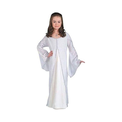 Disfraz de Arwen para niña, vestido largo blanco con ribetes plateados y mangas acampanadas