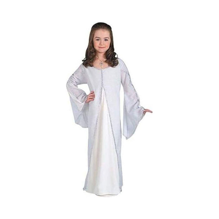 Disfraz de Arwen para niña, vestido largo blanco con ribetes plateados y mangas acampanadas