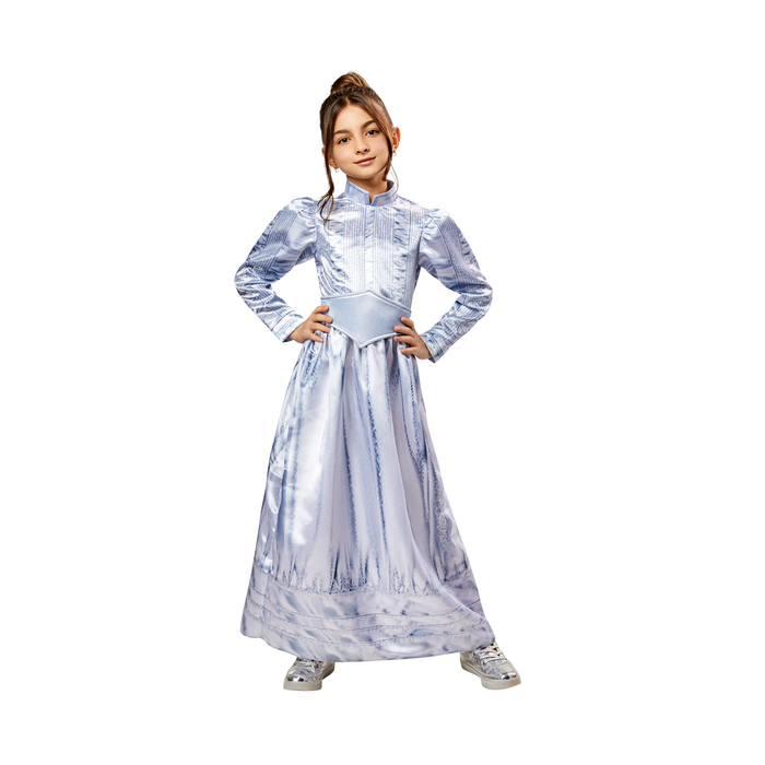 Disfraz de Astrid de Beetlejuice para niña, vestido largo lila plateado de manga larga con cinturón, vista frontal