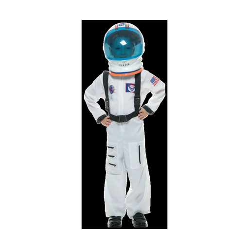 Niño con disfraz de astronauta, enterito blanco con arnés negro y parches, con casco de referencia