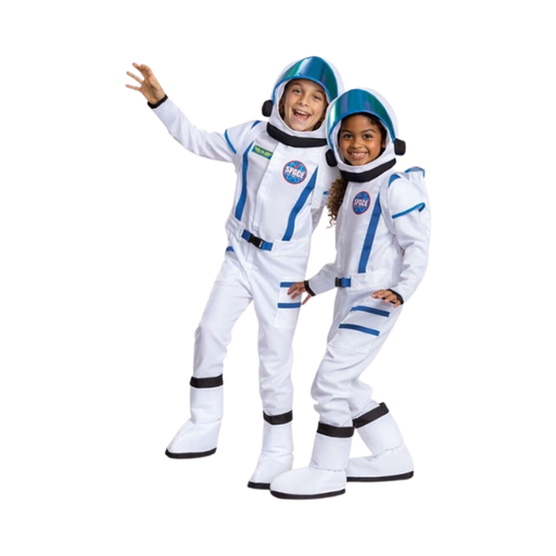 Niño y niña con disfraz de astronauta, enterito blanco con franjas azules, parche SPACE y cubrebotas