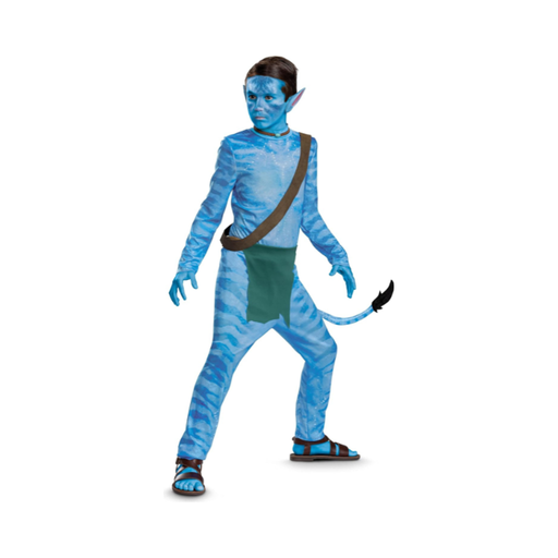 Disfraz de Jake Sully de Avatar para niño, entero azul estampado con cola, bandolera café, taparrabos verde y orejas Na'vi