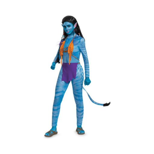 Disfraz de Neytiri Arrecife de Avatar para mujer, traje azul estampado con cola, collar con plumas naranjas y taparrabos morado