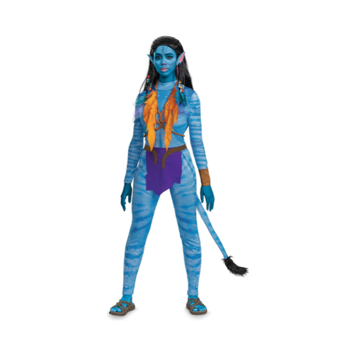 Disfraz de Neytiri de Avatar para mujer, entero azul estampado, collar con plumas naranjas, falda morada y orejas Na'vi