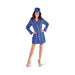 Disfraz de azafata para mujer, vestido azul con botones dorados y gorro azul