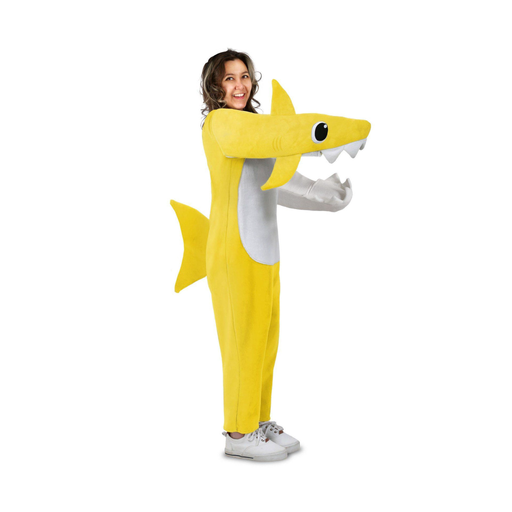 Disfraz de Baby Shark amarillo para adulto, enterito de tiburón con panza blanca, aleta y cabeza de tiburón en los brazos