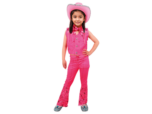 Disfraz de Barbie vaquera rosado para niña con top sin mangas, pañuelo y pantalón acampanado con estrellas