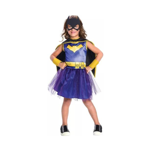 Disfraz Batgirl Deluxe para niña, vestido tutú morado con logo, capa, cinturón amarillo, guanteletes y máscara