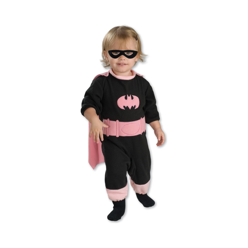 Disfraz de Batgirl para guagua, enterito negro con logo y cinturón rosado, antifaz negro y capa rosada
