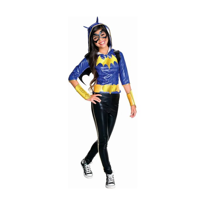 Disfraz de Batgirl para niña con parte superior azul con capucha, logo de murciélago amarillo y pantalón negro