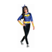 Disfraz de Batgirl para niña con parte superior azul con capucha, logo de murciélago amarillo y pantalón negro