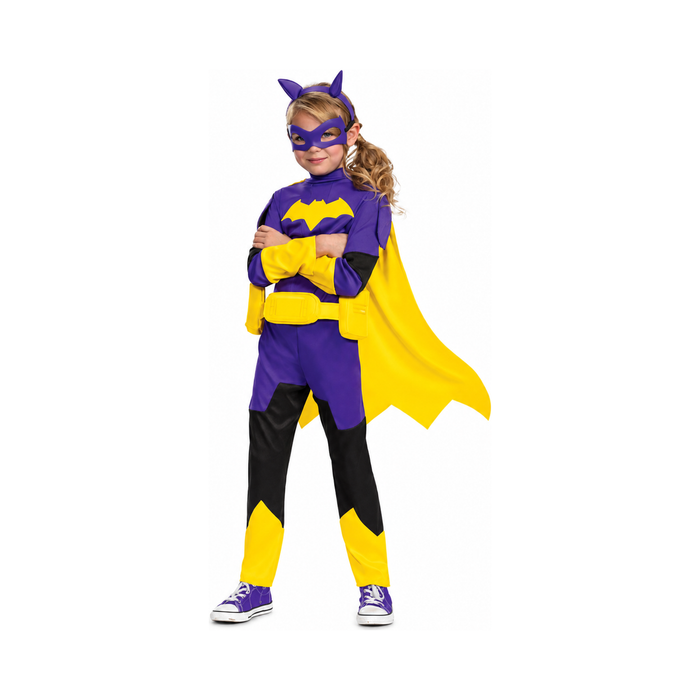 Disfraz de Batgirl para niña, enterito morado con logo de murciélago amarillo, capa amarilla y antifaz con orejas