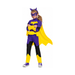 Disfraz de Batgirl para niña, enterito morado con logo de murciélago amarillo, capa amarilla y antifaz con orejas