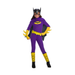 Niña con disfraz de Batgirl: enterito morado con logo de murciélago, guanteletes y cubrebotas amarillos, cinturón, capa y máscara con orejas