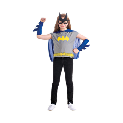 Disfraz de Batgirl para niña, camisa gris con logo amarillo, capa azul, guanteletes azules y antifaz