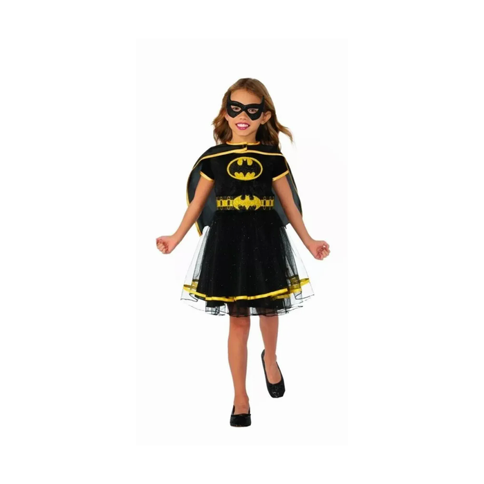Disfraz de Batgirl para niña con vestido negro de ribetes dorados, falda con tul, capa negra y antifaz