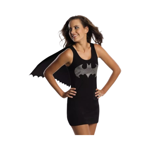 Disfraz de Batgirl para mujer, minivestido negro con logo de brillos plateados y capa negra