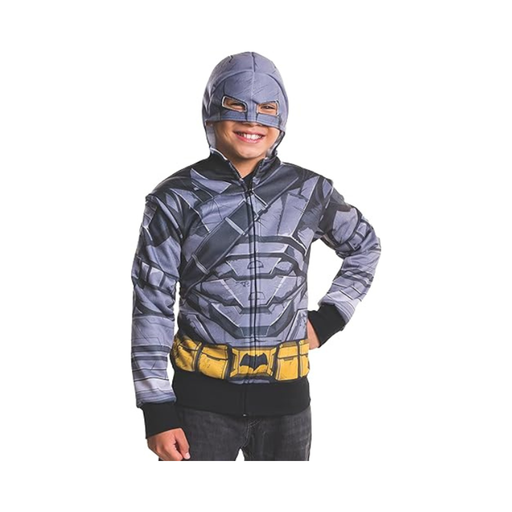 Polerón disfraz de Batman con armadura para niño, gris con estampado de armadura, cinturón amarillo y máscara en la capucha