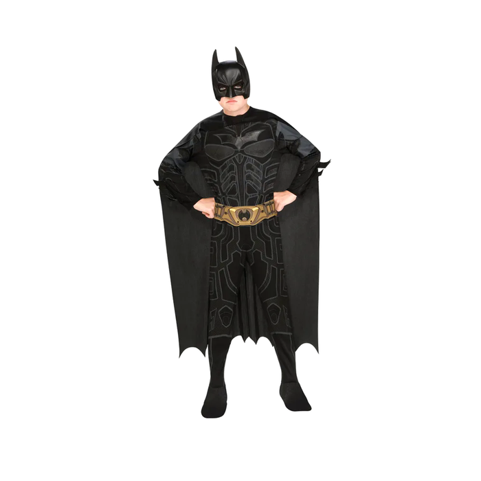 Disfraz de Batman El Caballero Oscuro para niño con enterito negro, capa, máscara con orejas y cinturón dorado