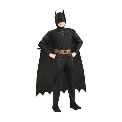 Disfraz de Batman para niño con enterito negro de pecho musculoso, cinturón dorado, capa y máscara con orejas