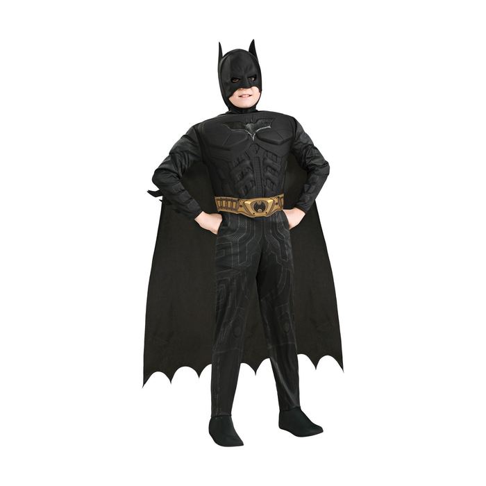 Disfraz de Batman para niño con enterito negro de pecho musculoso, cinturón dorado, capa y máscara con orejas