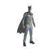 Hombre con disfraz de Batman: enterito gris con emblema, capa negra, cinturón y máscara