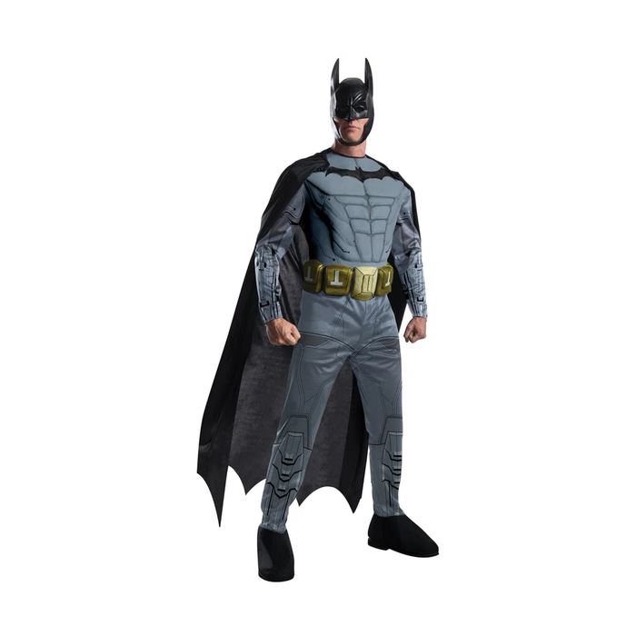 Disfraz de Batman para hombre con enterito gris de pecho musculoso, cinturón, máscara y capa negra
