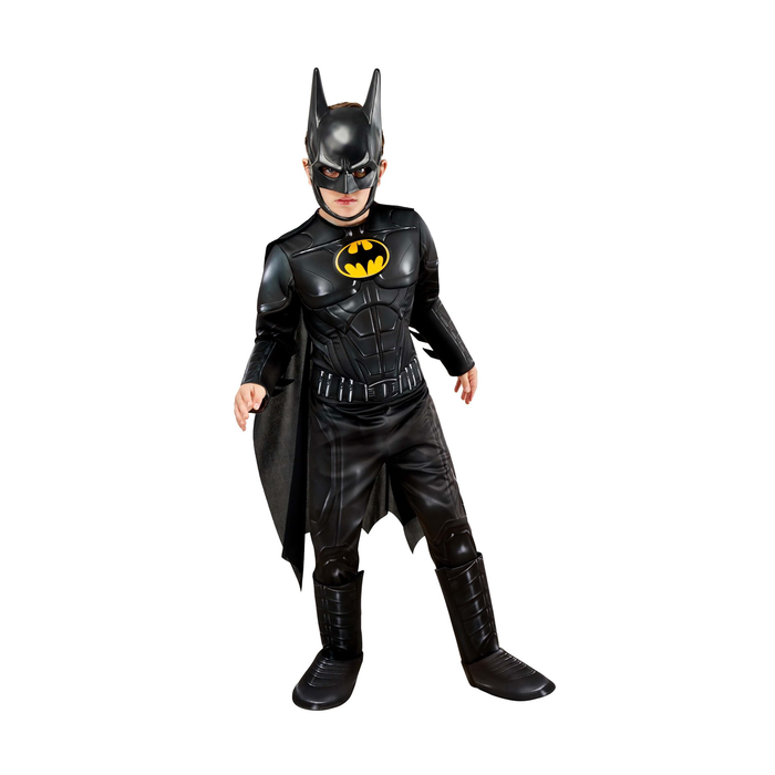 Disfraz de Batman musculoso para niño con enterito negro acolchado, logo amarillo, capa y máscara con orejas