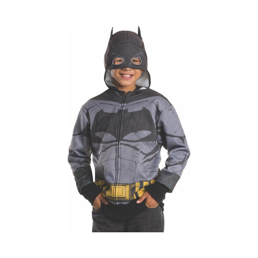 Polerón disfraz de Batman para niño, gris con estampado de traje, cinturón amarillo y máscara en la capucha