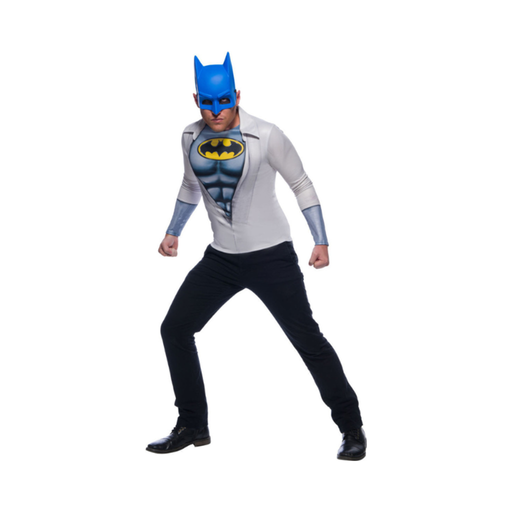 Disfraz de Batman Photoreal para hombre, polera con estampado de camisa abierta y traje de Batman, con máscara azul