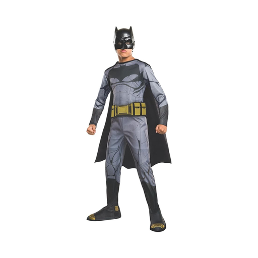 Disfraz de Batman tween, enterito gris estampado con cinturón amarillo, capa negra, cubrebotas y máscara negra