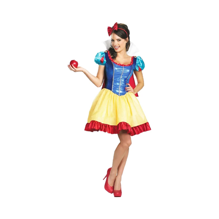 Disfraz de Blanca Nieves para mujer, vestido azul y amarillo con capa roja y cintillo con lazo rojo