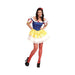 Disfraz de Blancanieves para mujer, vestido azul y amarillo de hombros descubiertos con lazo rojo